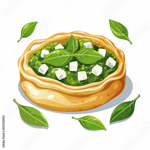 Delicious savory tart with spinach, feta cheese, and fresh basil. A gourmet vegetarian appetizer concept illustration.