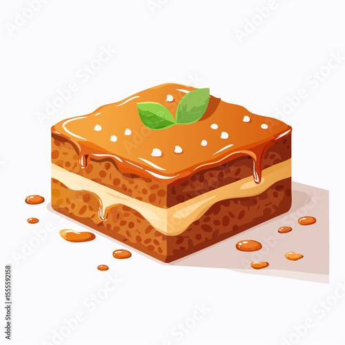 An appetizing illustration of a square slice of salted caramel layer cake. A delicious and indulgent sweet dessert concept on white.