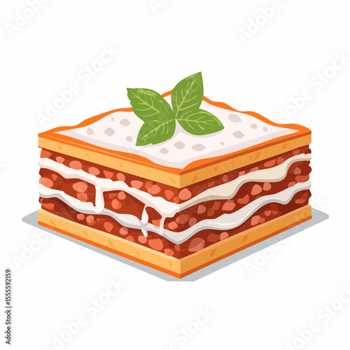 A delicious square slice of traditional Italian lasagna bolognese, layered with pasta, meat sauce, and cheese, garnished with fresh basil.