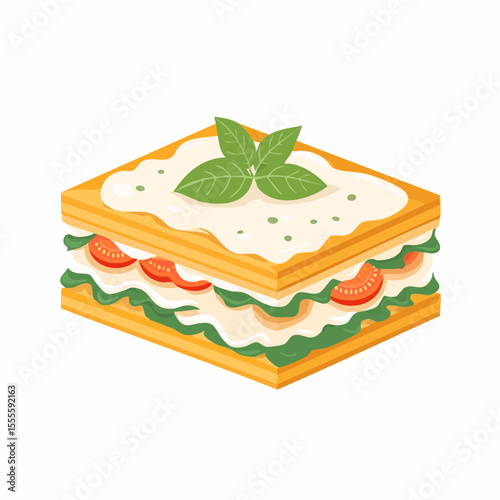 A delectable slice of classic Italian lasagna, layered with fresh tomato and spinach, topped with creamy béchamel and basil.