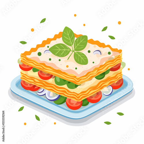 Delicious slice of classic Italian lasagna with fresh tomato, spinach, and basil garnish. A vector illustration of a homemade pasta dish.