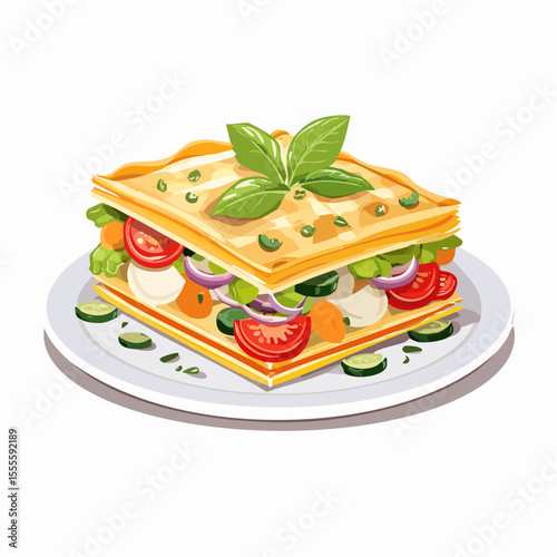 A delightful illustration of a fresh vegetarian lasagna slice, layered with healthy garden vegetables and garnished with basil.