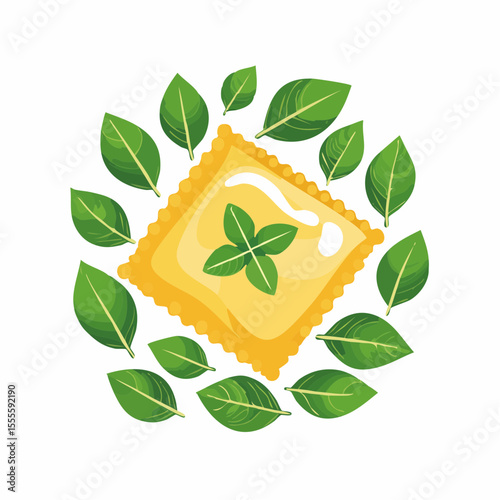 Gourmet Italian ravioli pasta with fresh green basil leaves. A simple, elegant food concept illustration on a white background.