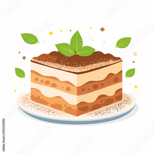 Delicious slice of classic Italian tiramisu cake on a plate. A concept of sweet homemade dessert with cocoa and cream garnish.