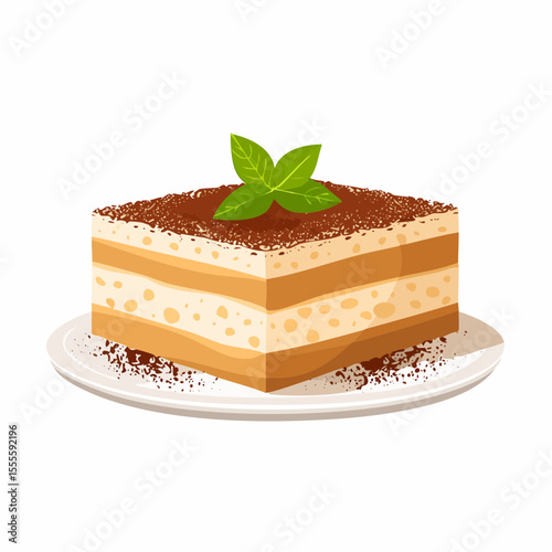 A delectable square portion of classic tiramisu dessert, with layers of mascarpone cream, topped with cocoa powder and a mint leaf.