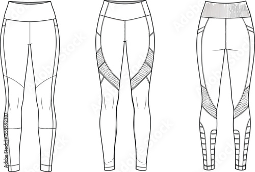 Activewear leggings technical sketch, sportswear flat drawing, gym pants design, high waist leggings template, front and back illustration view

 flat vector illustration