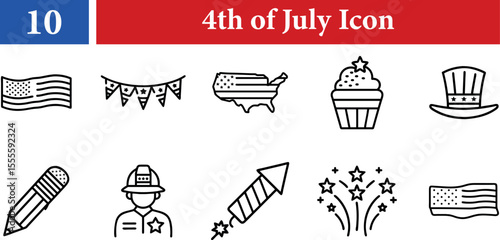 Collection of American independence day icons including flag bunting USA map cupcake hat pencil firefighter rocket and fireworks isolated on transparent background, 4th of July concept
