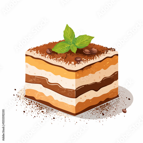 A delicious slice of classic tiramisu cake, a traditional Italian dessert with layers of cream, coffee, and cocoa