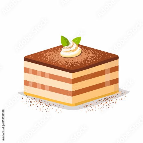 A delicious illustration of a classic Italian tiramisu cake slice, layered with cream and topped with cocoa and mint garnish