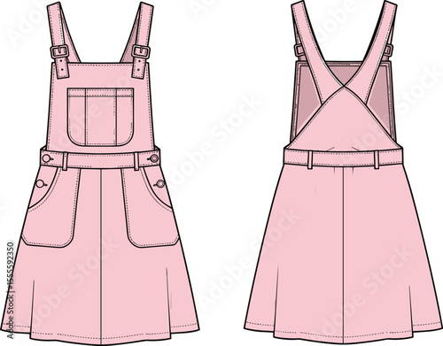 Pink denim overall dress, front and back view, kids fashion sketch, adjustable straps, flared skirt, pocket detail, belt loops

 flat vector illustration