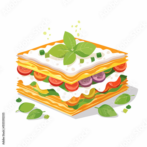 Vegetarian lasagna illustration with fresh tomato, basil, and cheese. Healthy homemade Italian food concept isolated on white.