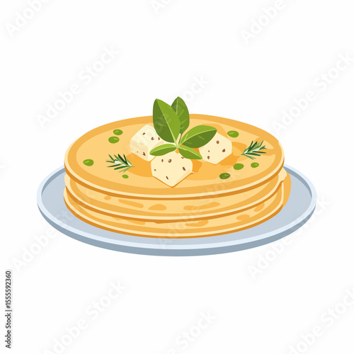 A stack of savory crepes with soft cheese and herbs for a healthy breakfast. Gourmet food concept illustration.