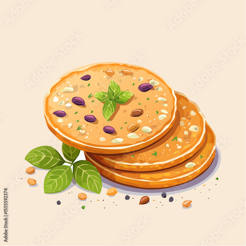 A delightful illustration of savory flatbread crackers topped with a medley of nuts, seeds, and fresh basil