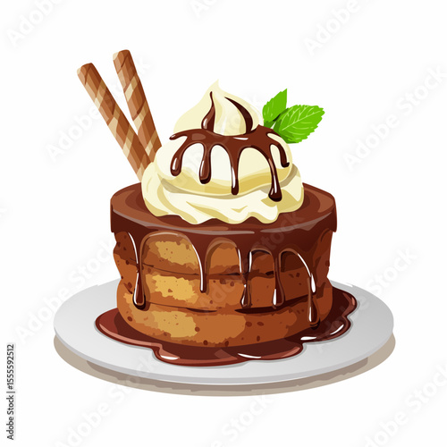 A decadent illustration of a chocolate dessert with whipped cream, sauce, wafer rolls, and a mint garnish on a plate.