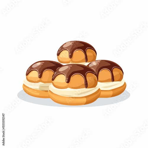 Group of classic cream puffs dessert with vanilla cream filling and rich chocolate ganache topping. Sweet pastry illustration.