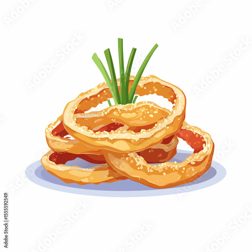 A delicious stack of crispy golden-brown fried onion rings, a classic appetizer garnished with fresh green onions.