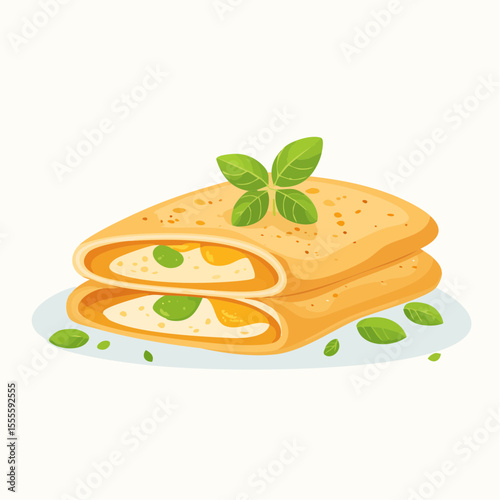Delicious folded crepes with a creamy cheese filling and fresh basil garnish. A gourmet breakfast or dessert concept isolated on white.