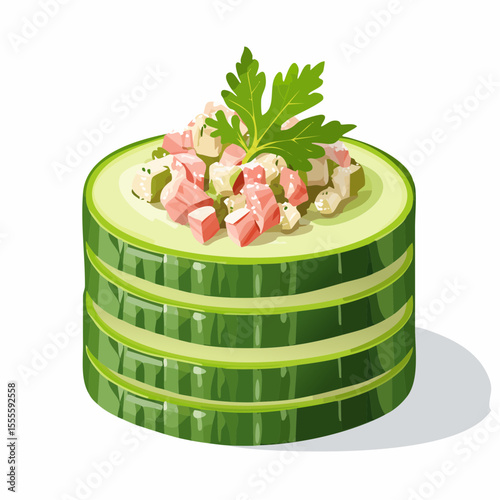Gourmet appetizer of stacked cucumber slices topped with a savory mix of diced ham and herbs, presented as a canapé.