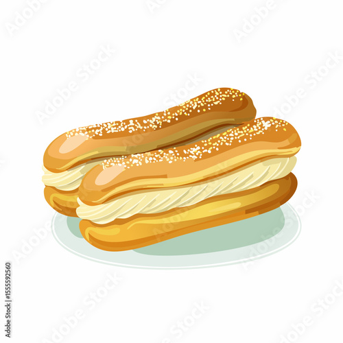 A delectable pair of classic French eclairs, filled with rich cream and topped with sugar, served on a plate. Sweet dessert illustration.