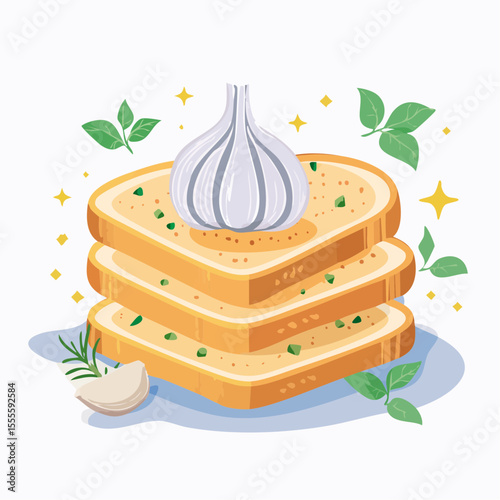 Aromatic stack of toasted garlic bread with a whole garlic bulb, fresh basil, and rosemary. Savory appetizer concept.