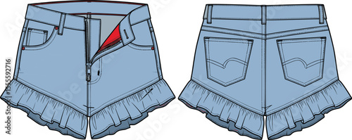 Denim ruffle shorts technical drawing, fashion flat sketch, front and back view, zipper open design, stylish women summer apparel illustration

 flat vector illustration