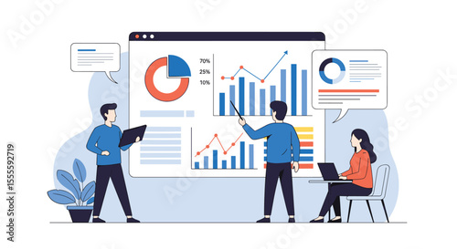Team of professionals analyzing financial data and business growth metrics on a large presentation screen with charts and graphs during a meeting