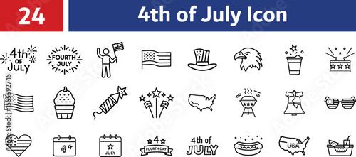 Collection of 24th of July independence day celebration icons and symbols isolated on transparent background, 4th of July concept