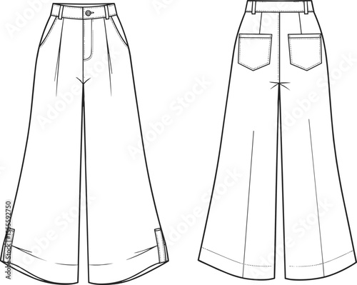 High waist wide leg pants, technical flat sketch, flared hem, pocket design, back view included, fashion illustration, stylish women trousers

 flat vector illustration