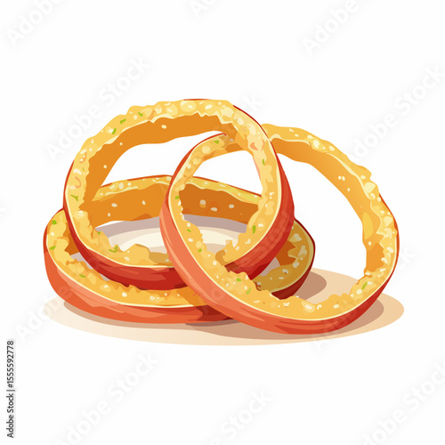 A delicious stack of crispy golden fried onion rings, a popular fast food snack. Isolated vector illustration on a white background.