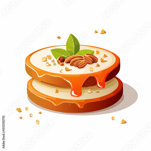 Gourmet pancake stack illustration with creamy layers, drizzled with rich caramel sauce and topped with fresh pecans and mint.