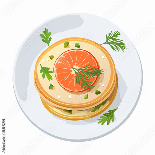 An elegant stack of savory pancakes or blinis topped with smoked salmon and fresh dill. Gourmet breakfast or appetizer concept illustration.