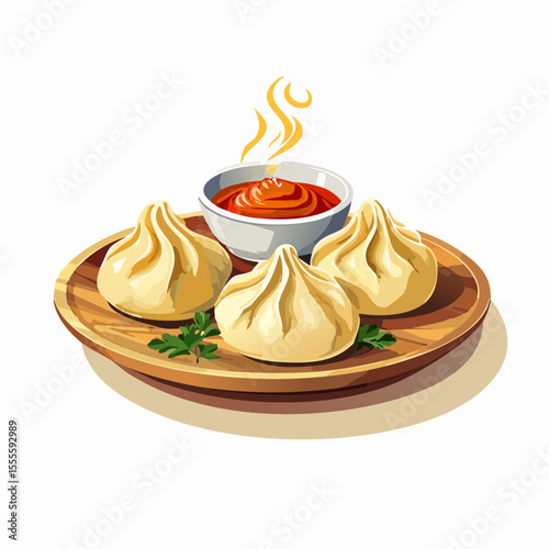 Delicious Steamed Khinkali Dumplings with Spicy Sauce Georgian Cuisine