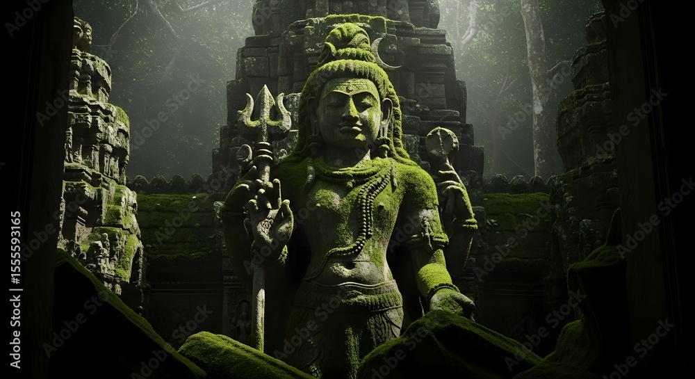 Fototapeta premium Enigmatic Shiva Statue Moss-Covered Ancient Temple Ruins in a Dark, Stormy Setting