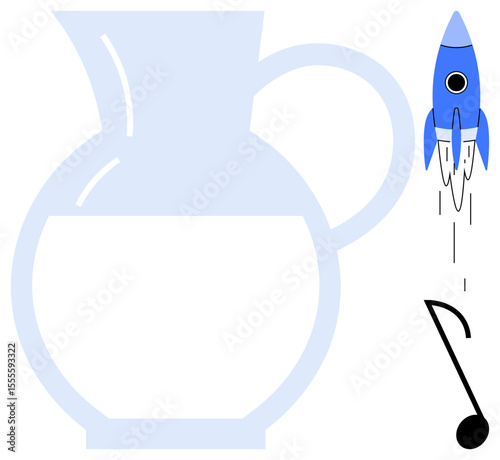 Rocket blasting upward, oversized water pitcher, and a musical note. Ideal for creativity, innovation, music, technology, space exploration abstract art and imaginative synergy. Playful and simple