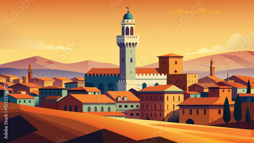City view with tower rooftops and mountains in the background landscape illustration