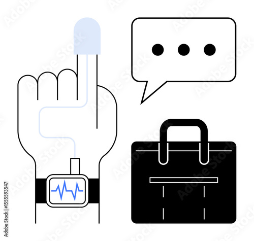 Finger with health patch connected to smartwatch tracking vitals, speech bubble, and briefcase. Ideal for health monitoring, technology, wearable devices, communication, business, innovation
