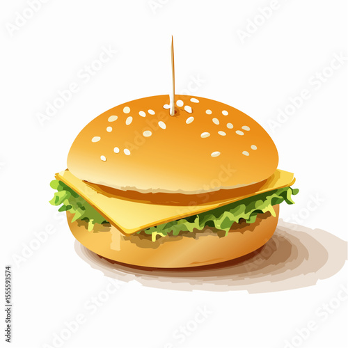 Delicious Cheeseburger A mouthwatering illustration of a small burger with sesame seed bun, cheese, and lettuce