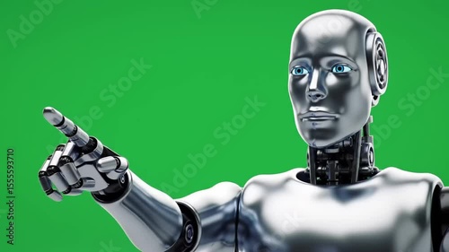 Futuristic silver robot pointing with blue eyes against a vibrant green background, showcasing technology