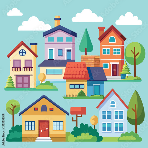 Isolated cartoon houses set. Simple suburban houses. Concept of real estate, property and ownership. 