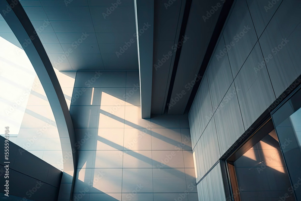 Fototapeta premium Architectural shot features stark lines and shadows on tiled walls with light flooding through windows
