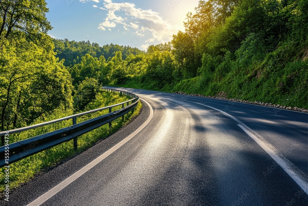 Fototapeta premium Winding highway through lush greenery under a bright sky with sunlight shining on the road and crash barriers alongside