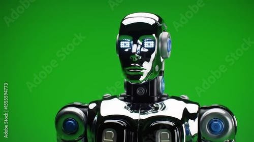 Futuristic humanoid robot with reflective surface and digital eyes against a vibrant green backdrop