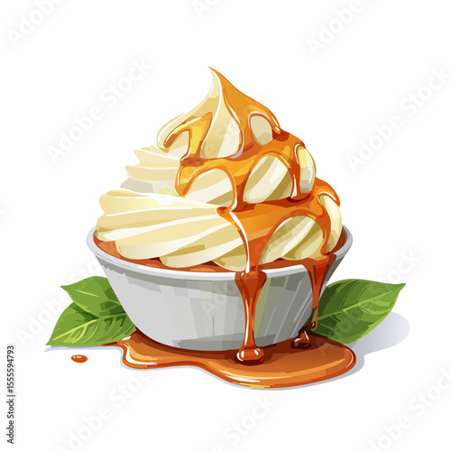 Delicious Creamy Dessert with Caramel Drizzle Whipped Cream in a Bowl