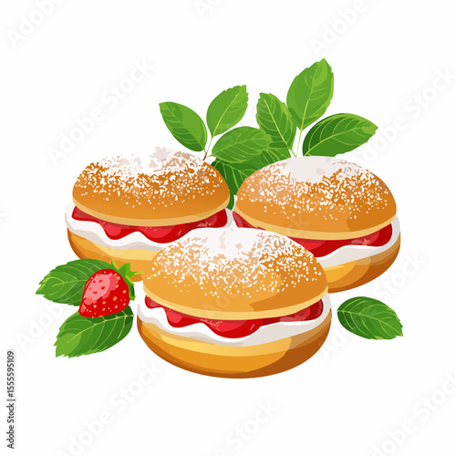 Delicious Strawberry Jam Filled Doughnuts with Powdered Sugar and Mint