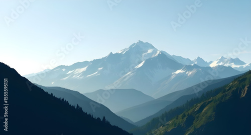 Mountain landscape, Mountain scenery, Mountains illustration, Nature mountains, Mountain range, Landscape in the mountains, Alpine landscape, High altitude view, Snowy peaks, Green mountain hills, Maj