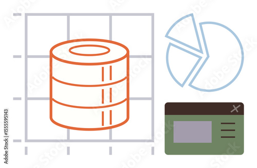 Stacked database on a grid, a pie chart, and a webpage interface. Ideal for data management, analytics, database systems, IT solutions, statistics, software development simple flat metaphor