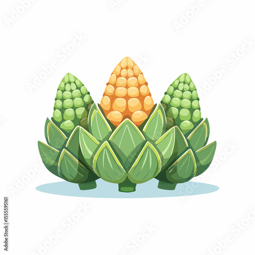 Vibrant Illustration of Three Artichokes with a Corn Cob Centerpiece
