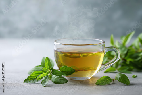 Hot tulsi tea in glass cup with steam and fresh leaves on natural surface