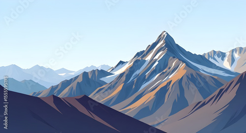 Mountain landscape, Mountain scenery, Mountains illustration, Nature mountains, Mountain range, Landscape in the mountains, Alpine landscape, High altitude view, Snowy peaks, Green mountain hills, Maj