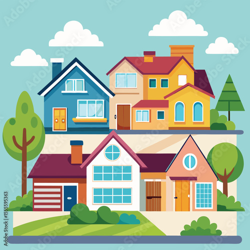 Isolated cartoon houses set. Simple suburban houses. Concept of real estate, property and ownership. 